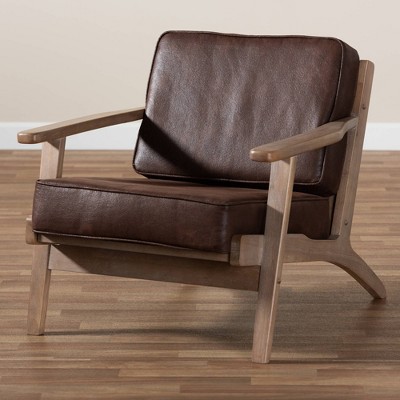 Dark Brown Faux Leather and Oak Mid-Century Accent Chair