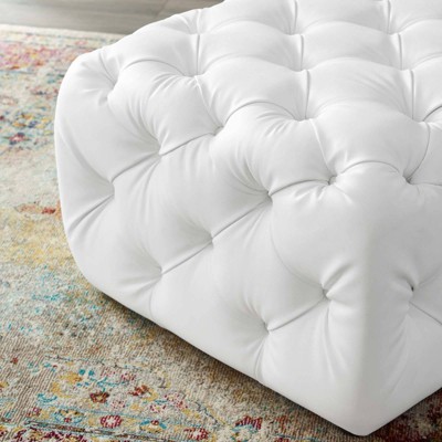 Luxe White Faux Leather Tufted Square Ottoman with Dense Foam Padding