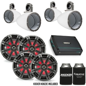 Kicker 8" White\Charcoal Wake Tower LED Marine Speakers 2-Pairs with 400 Watt KXMA Marine Amplifier - 1 of 4
