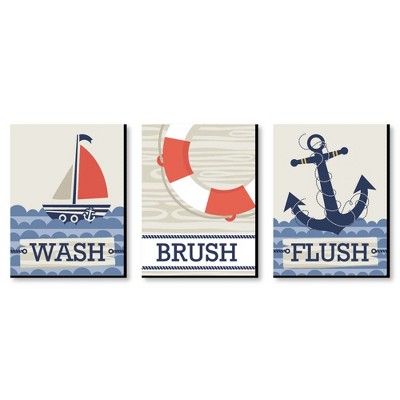 Big Dot of Happiness Ahoy - Nautical - Kids Bathroom Rules Wall Art - 7.5 x 10 inches - Set of 3 Signs - Wash, Brush, Flush
