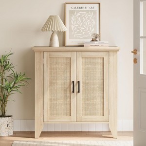 COZONY Small Rattan Storage Cabinet, Boho Sideboard Buffet w/ 2 Doors, Adjustable Shelf, Wood Credenza for Entryway, Living Room, Oak - 1 of 4