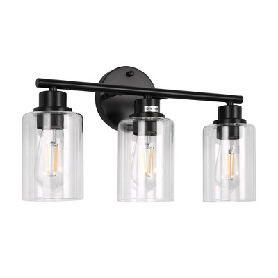 YANSUN 3-Head Black Vanity Wall Light, Transparent Glass Shades, Non-Integrated E26 Bulbs, Modern Bathroom & Bedroom Lighting, US Standard