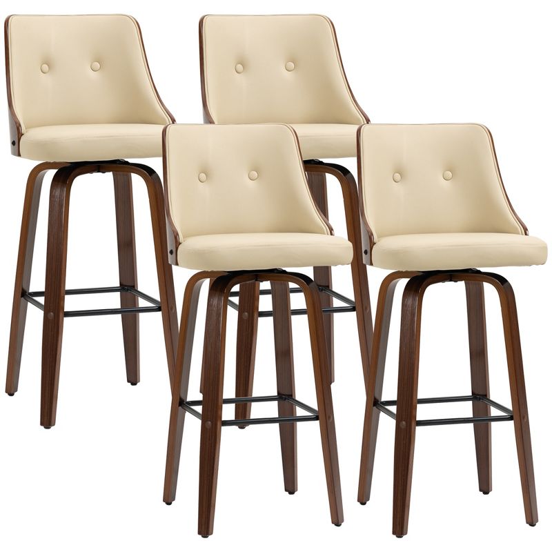 HOMCOM Bar Height Bar Stools Set of 4 PU Leather Swivel Barstools with Footrest and Tufted Back, Beige, 1 of 7