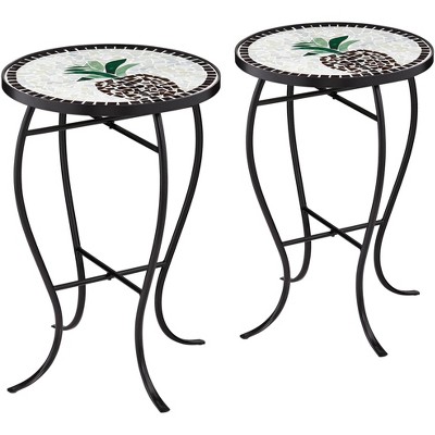 Teal Island Designs Beige Pineapple Mosaic Round Outdoor Accent Tables Set of 2