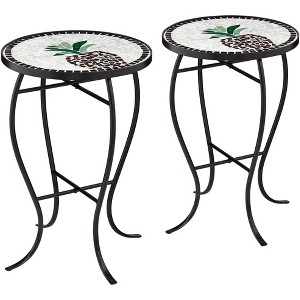 Teal Island Designs Modern Black Round Outdoor Accent Side Tables 14" Wide Set of 2 Beige Mosaic Tabletop for Front Porch Patio Home House - 1 of 4