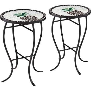 Teal Island Designs Modern Black Round Outdoor Accent Side Tables 14" Wide Set of 2 Beige Mosaic Tabletop for Front Porch Patio Home House