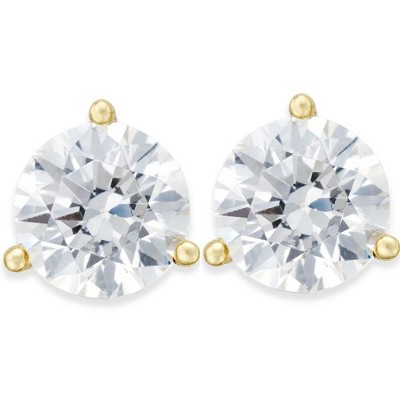 Pompeii3 2 Ct TW Moissanite Martini 3-Prong Studs Available in White or Yellow Gold