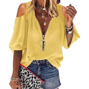 Imily Bela Women's V-neck Lantern Sleeve Shirt with Half-Zip and Off-Shoulder Casual Top - 1 of 4