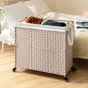 Hrinhom 27.2"W Flip-Top Rattan Laundry Hamper with 2 Removable Bag and Wheels - 1 of 4