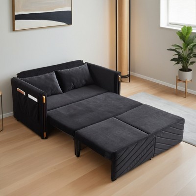 54" Wide Convertible Sofa Bed, Couch with Pull-Out Bed, Velvet Sleeper Sofa with Adjustable Backrest, 2 Arm Pockets and Pillows - Leovsnove