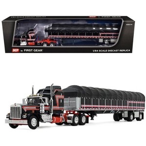Kenworth W900A with 60" Aerodyne Sleeper and 53’ Wilson Flatbed with Wagon Black with Red 1/64 Diecast Model by DCP/First Gear - 1 of 4