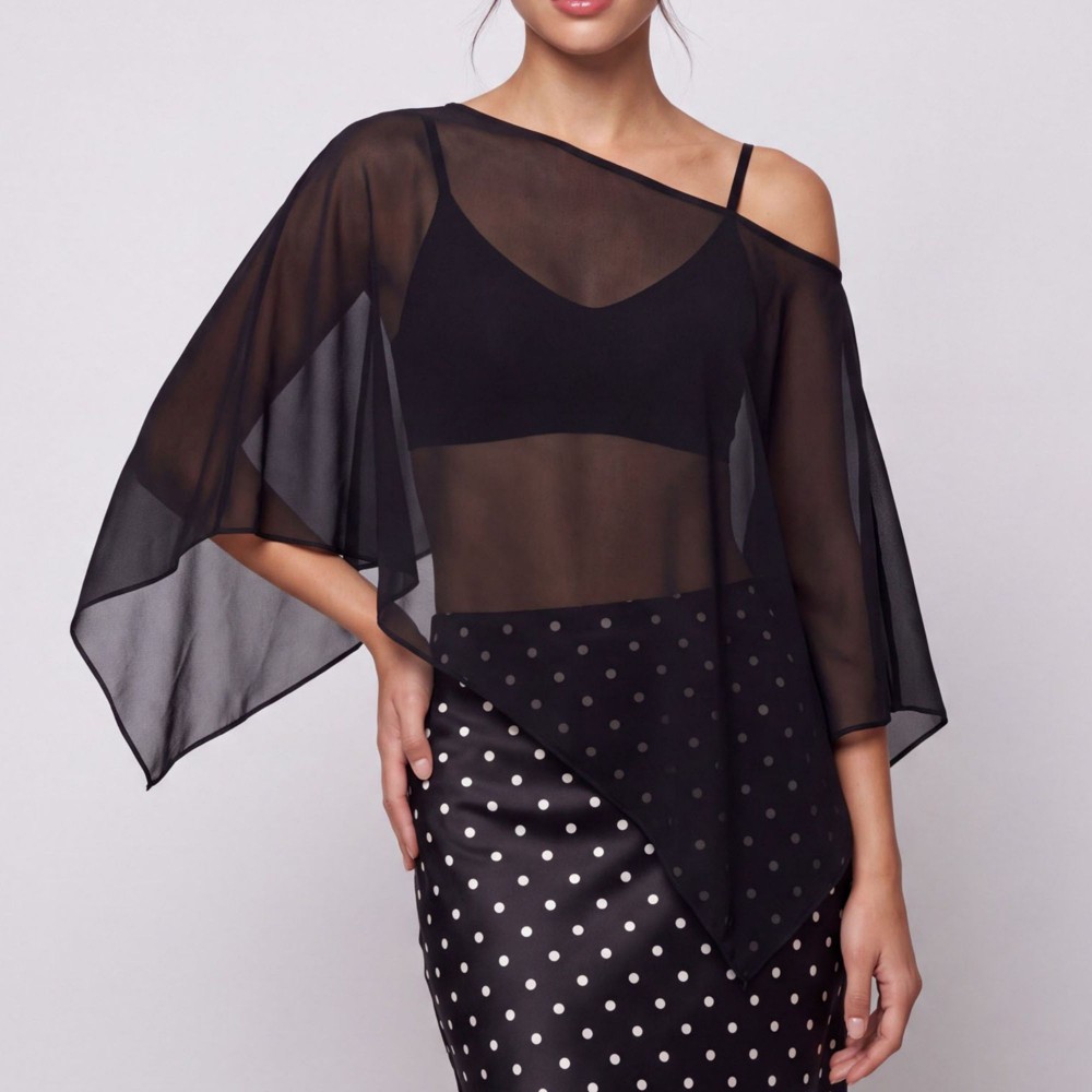 Anna-Kaci Women's Sheer Asymmetrical Poncho Blouse with Boat Neck, Draped Three Quarter Sleeves and Flowy Pointed Hem - Black, Medium