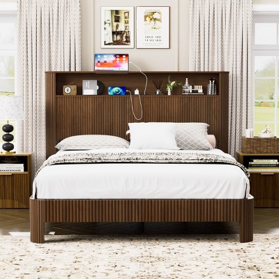 Platform Bed Frame with Storage Headboard,Charging Station,Wavy Wood Grain Design & Sturdy Quiet Metal Support-Baofuwish