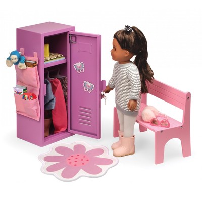 18" Purple and Pink Steel Doll Locker Set with Bench and Rug