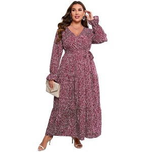 Plus Size Women's V Neck Long Sleeve Maxi Dress with Belt Flowy Elegant Floor Length Dress - 1 of 4