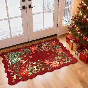 Floral Christmas Rug, 2x4 Washable Kitchen Rugs, Ultra - Thin Soft Red , Holiday Bathroom Bedroom Rugs - 1 of 3