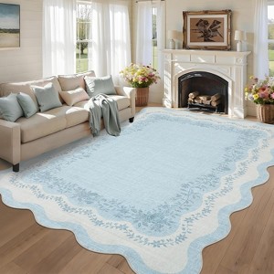 Washable Scalloped Area Rug, Non Slip Low Pile Floor Carpet, Indoor Foldable Bath Mat for Bedroom Hallway Kitchen Entryway Living Room - 1 of 4