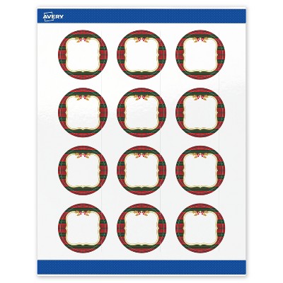 Avery Labels, 2" Diameter, Gold-Red-Green Plaid, Glossy, 120ct