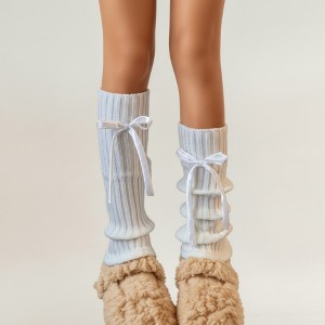 Anna-Kaci Women's Ribbed Knit Leg Warmers with Decorative Ribbon Bow Detail and Soft Stretch Fit for Cozy Feminine Layered Styling - 1 of 3