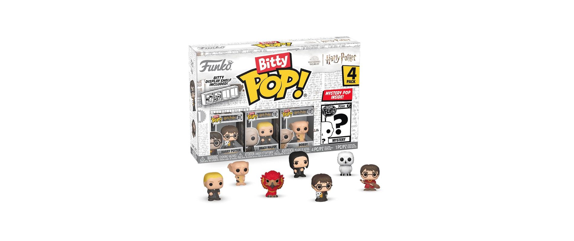 Funko Bitty POP! Harry Potter 4-Pack – Harry in Robe with Scarf, Draco Malfoy, Dobby & Mystery Mini Figure
