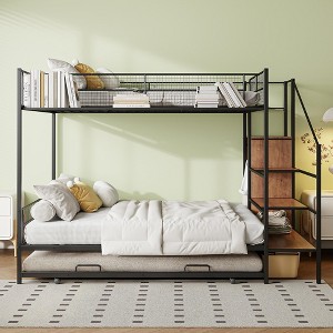 Twin Over Full Metal Bunk Bed with Wire Shelving,  Lateral Storage Ladder and Wardrobe - ModernLuxe - 1 of 4