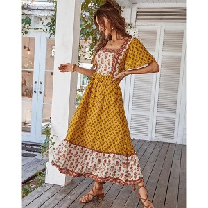Women's Summer Boho Floral Print Dress Vintage Square Neck Ruffle Swing Flowy Beach Long Maxi Dress - 1 of 4