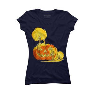 Junior's Design By Humans Halloween Pumpkin with Candle and Evil Smile By wubbadub T-Shirt - 1 of 2