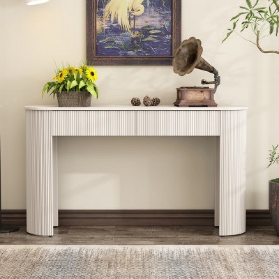 Modern Console Table with Storage, Fluted Entryway Table with Oval Top and 2 Drawers, Hallway Accent Table-The Pop Home