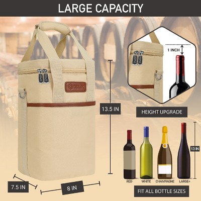 Cream Beige Insulated 4-Bottle Wine Tote Carrier with PU Leather Trim