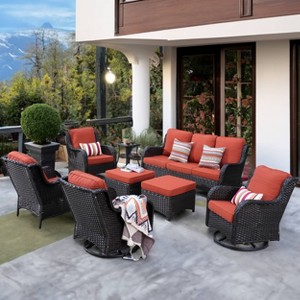Ovios Orlando 8pc Brown Wicker Outdoor Patio Furniture Conversation Sofa Set with Swivel Chairs and Cushions - 1 of 4