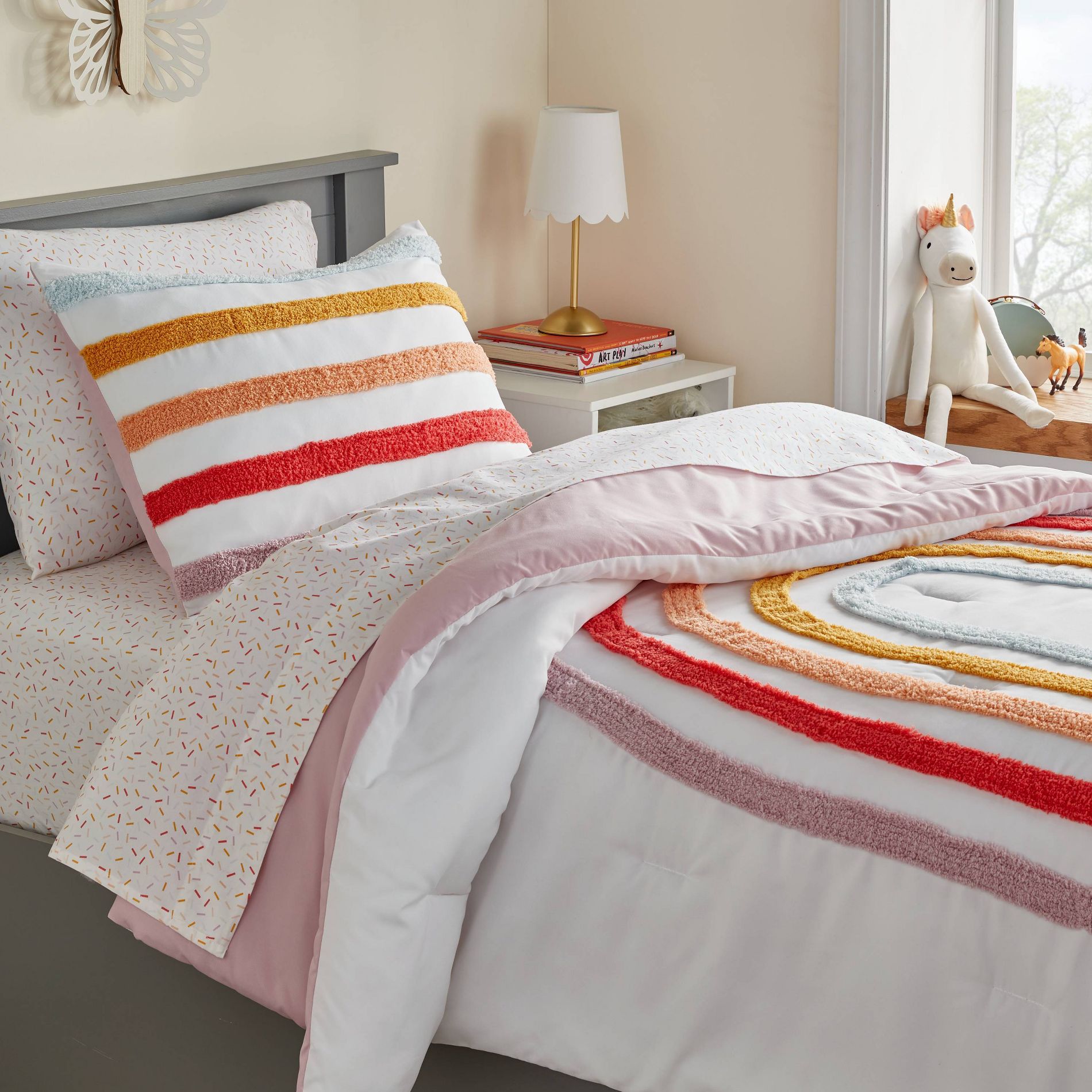 Full/Queen Kids' Comforter Set Placed Rainbow - Pillowfort™: Girls Bedding, Recycled Polyester, OEKO-TEX Certified