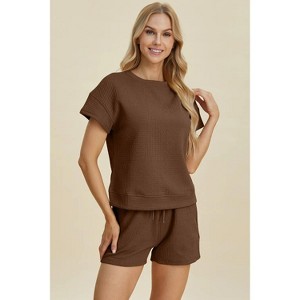 I AM A FASHION JUNKY Double Take Full Size Texture Short Sleeve Top and Shorts Set - 1 of 4