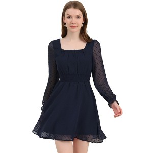 Allegra K Women's Swiss Dots Puff Square Neck Smocked Waist Chiffon Dress - 1 of 4