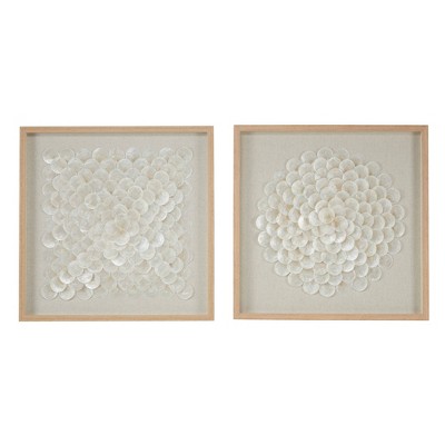 Olivia & May Shell Geometric Handmade Overlapping Shells Shadow Box with Canvas Backing Set of 2 Cream: Modern Textile Art, Wood Frame