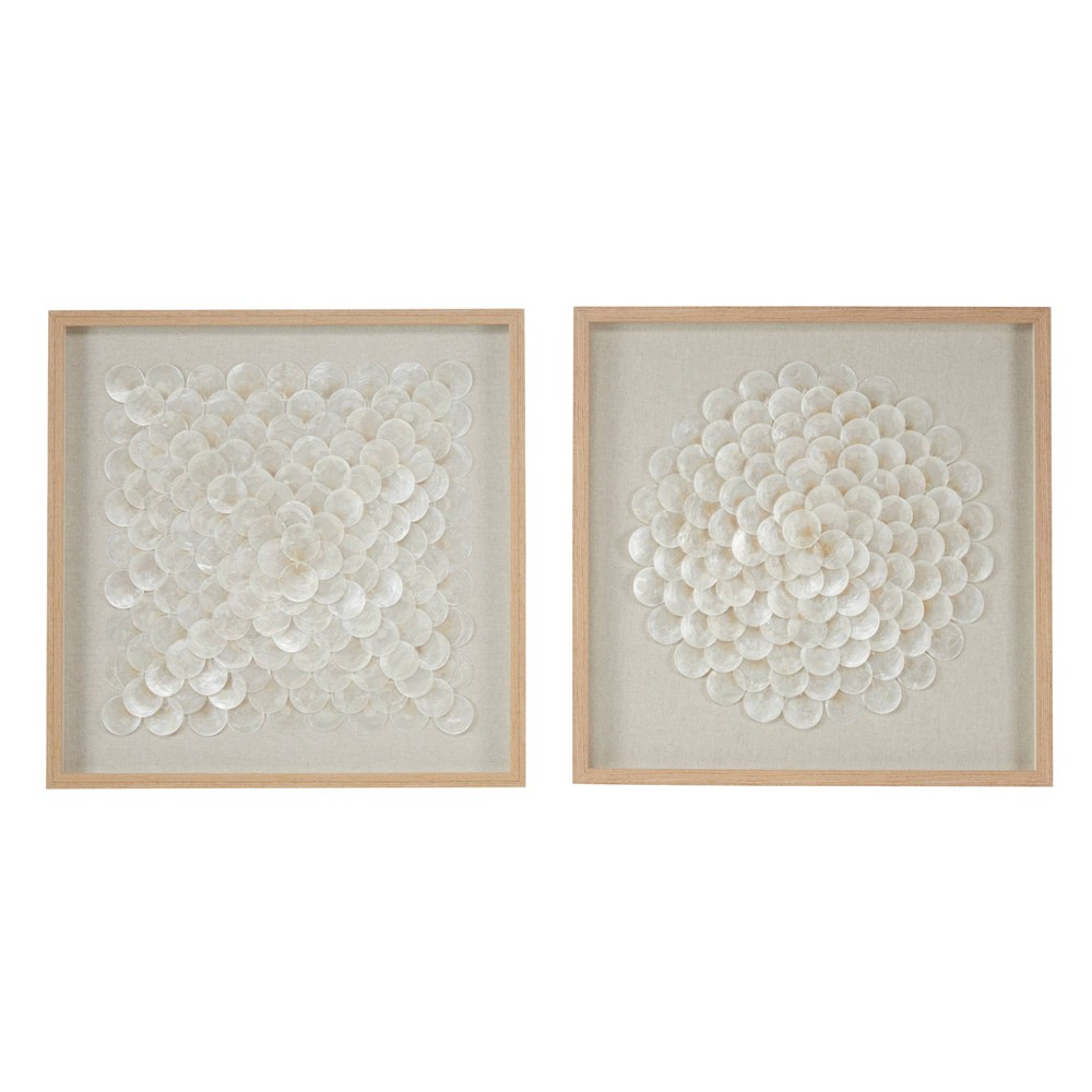 Olivia & May Shell Geometric Handmade Overlapping Shells Shadow Box with Canvas Backing Set of 2 Cream: Modern Textile Art, Wood Frame
