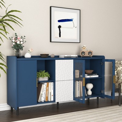 MAYEERTY 55" Modern Kitchen Pantry, Coffee Bar with 2 Drawers, 2 Open Compartments & 2 Glass Doors, Green for Kitchen/Living Room