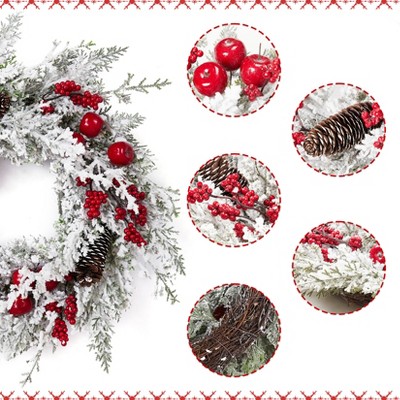 18" Snow-Flocked White Artificial Christmas Wreath – Red Apples & Pine Cones, for Front Door, Fireplace, Table Centerpieces (Indoor/Outdoor)