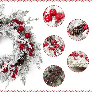 18" Snow-Flocked White Artificial Christmas Wreath – Red Apples & Pine Cones, for Front Door, Fireplace, Table Centerpieces (Indoor/Outdoor) - 1 of 4