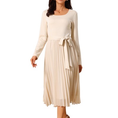 INSPIRE CHIC Women's Fall Long Sleeve Casual Crewneck Pleated A Line Flowy Midi Party Dresses with Belt