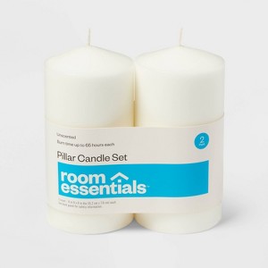 2pk 3" x 6" Unscented Pillar Candles White - Room Essentials™: Paraffin Wax, 65hr Burn Time, No Container - 1 of 3