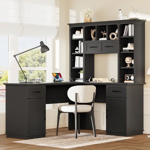 L-Shaped Computer Desk with 2 Cabinets, 2 Drawers & 11 Open Shelves, Power Outlet - 1 of 4