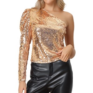 INSPIRE CHIC Women's Sparkly Sequin One-Shoulder Puff Long Sleeve Shimmer Tops - 1 of 4