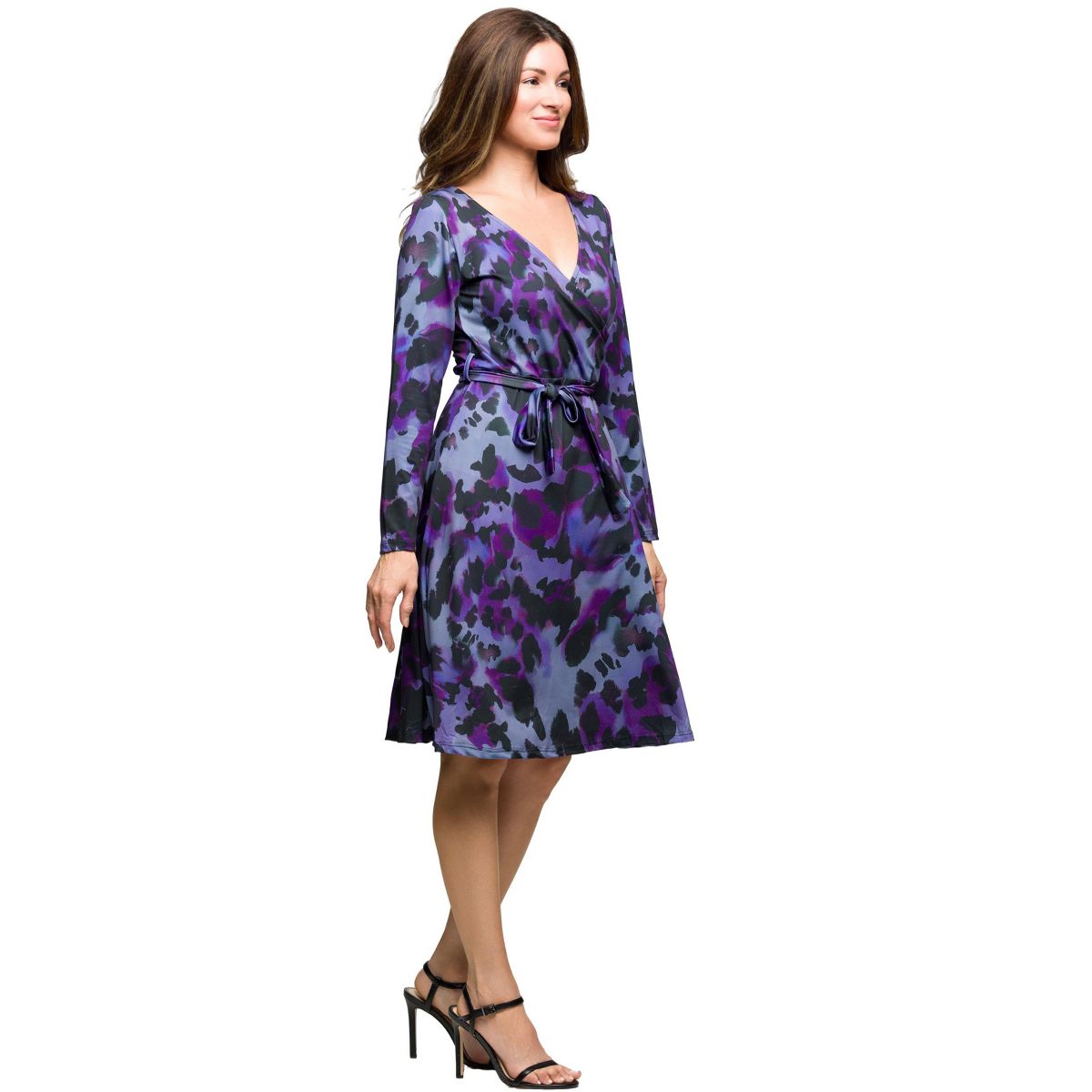 24seven Comfort Apparel Long Sleeve Wrap Dress with Belt  Purple Black Print - thumbnail 2