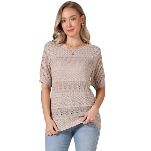 INSPIRE CHIC Women's Crew Neck Summer Casual Lightweight Short Sleeve Hollow Out Crochet Tops - 1 of 4