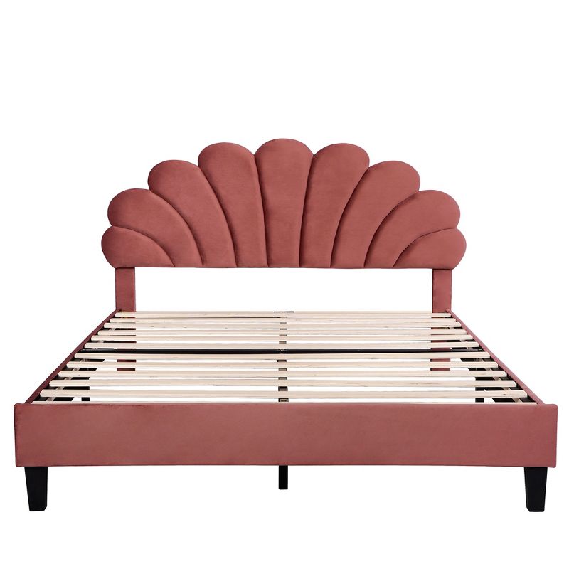 Upholstered Wood Platform Bed with Flower Pattern Velvet Headboard-ModernLuxe, 5 of 11