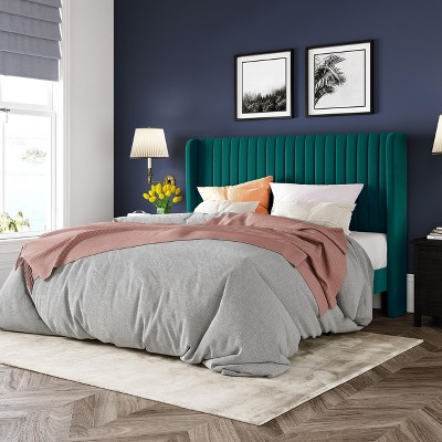 Allewie Bed Platform Frame/Velvet Upholstered Bed Frame with Vertical Channel Tufted Headboard/Strong Wooden Slats/Box Spring Optional