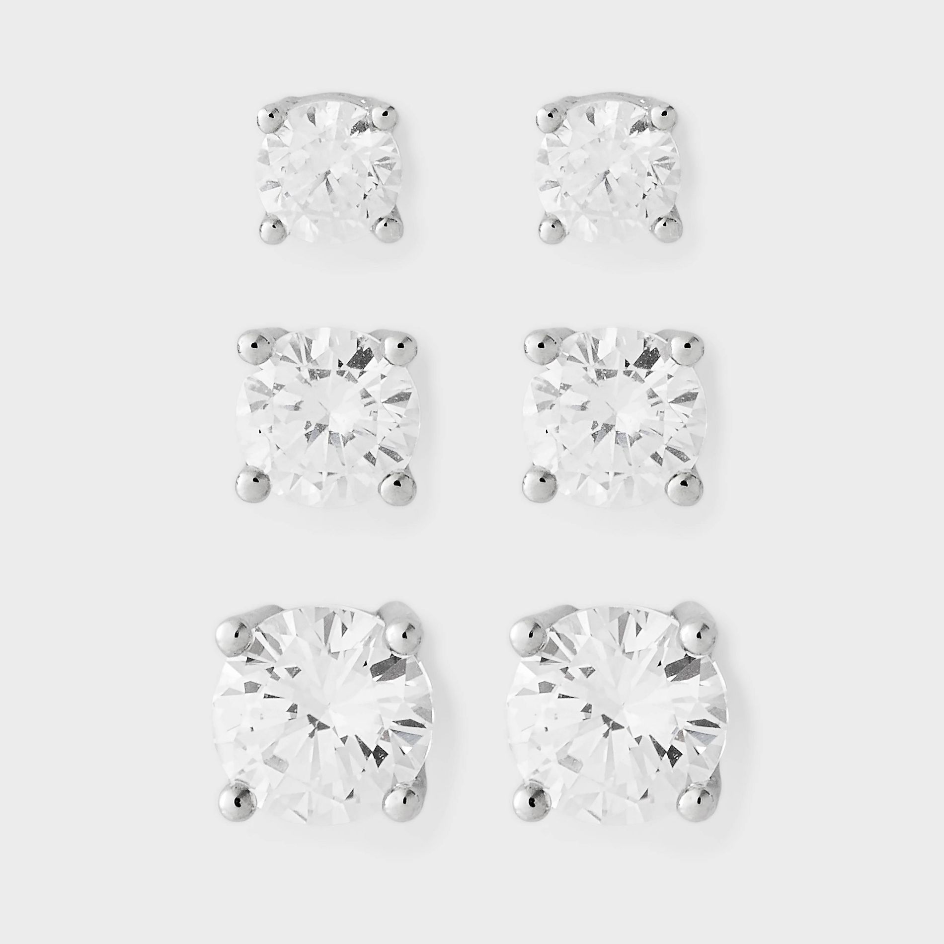 Silver Plated 4/5/6mm Cubic Zirconia Round Stud Post Earring Set 3pc - A New Day™
