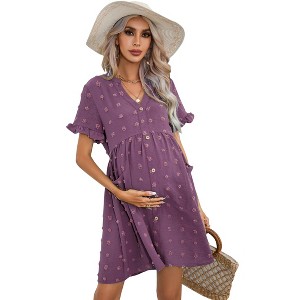 Maternity Swiss Dot Dress Summer V Neck Short Sleeve Button Down Mini Dress Baby Shower Photoshoot with Pockets - 1 of 4