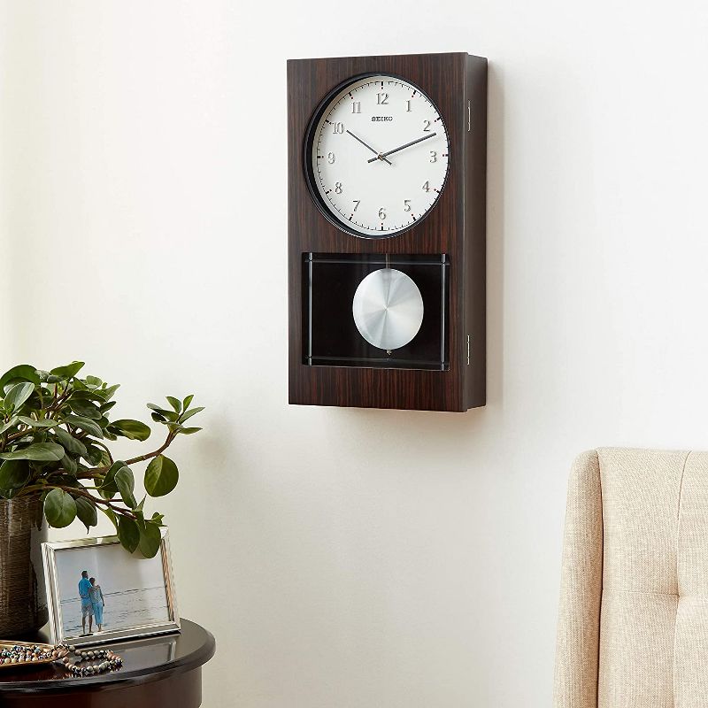 Seiko Modern Dark Wooden Wall Clock with Pendulum and Dual Chimes, 4 of 6