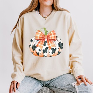 Simply Sage Market Cow Pumpkin Coquette Distressed Lightweight Garment Dyed Sweatshirt - 1 of 4